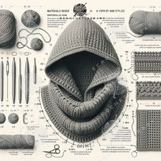 an assortment of crochet and knitting items are arranged on top of a sheet of paper