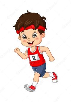 a young boy running in a red shirt and blue shorts with numbers on his chest