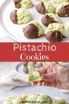 a plate with chocolate covered cookies on it and the words pistachio cookies above