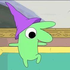 a cartoon character with a purple hat on his head is looking at something in the distance