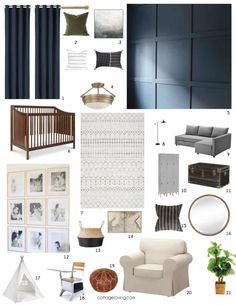 a baby nursery design board with black and white accents