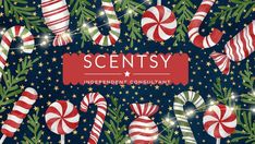 candy canes and christmas decorations on a dark blue background with the words, scenty