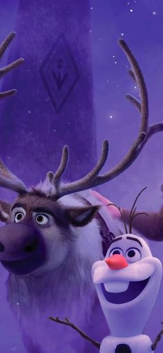 the frozen queen and her reindeer friend are looking at each other in front of a purple background