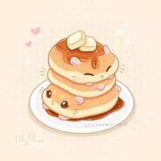 a stack of pancakes sitting on top of a plate covered in syrup and toppings