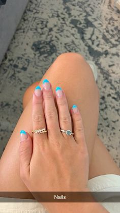 Blue french tip nail, natural acrylics, rounded, french tip Rounded French Tip, Natural Acrylics, Blue French Tip Nails, Summer Holiday Nails, Nail Natural, Blue French Tip, Blue French Tips, Blue French