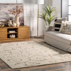 a living room with a white couch and rug