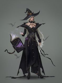 a woman dressed as a witch holding a book with bats flying around her and birds in the background