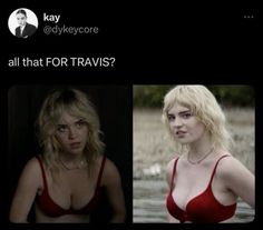 two women in red bikinis are shown with the caption, all that for travis?