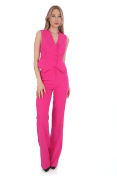 Elevate your office wardrobe with our Women's Fuchsia Slim Fit Vest and Flare Pants Suit. This stylish ensemble is perfect for the modern professional who values both fashion and functionality. Crafted from high-quality materials, the slim-fit vest pairs beautifully with the flare pants, creating a flattering silhouette that exudes confidence. Whether you're leading a meeting or attending a business conference, this outfit ensures you look polished and sophisticated. Key Features: Slim fit vest with a tailored finish Flare pants for a chic look Ideal for office wear and formal occasions Versatile ensemble suitable for day-to-night transitions Available in [sizes and colors available] Add a pop of color to your workwear collection with our Women's Fuchsia Slim Fit Vest and Flare Pants Suit. Tailored Pink Pantsuit For Business Casual, Tailored Pink Suit With Straight Pants, Pink Tailored Suit With Straight Pants, Sleeveless Pink Pantsuit For Work, Pink Sleeveless Pantsuit For Work, Pink Fitted Trousers Pantsuit, Pink Fitted Pantsuit, Tailored Pink Workwear Pants, Tailored Pink Pants For Workwear