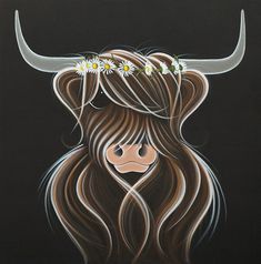 a painting of a cow with long hair and flowers on its head is featured in this image