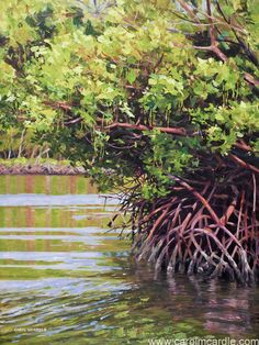 an oil painting of a tree in the middle of water with roots sticking out of it