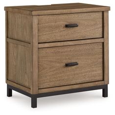 a wooden nightstand with two drawers on one side and an open drawer on the other