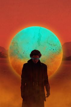 a man standing in front of an orange and blue sun