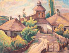 an oil painting of a village with a church