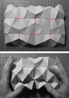 two pictures showing how to fold an origami object with red lines on it