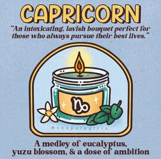 a candle with the words capricorn on it and an image of a flower