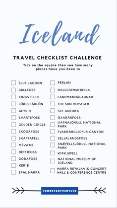 the iceland travel checklist is shown in blue and white with an arrow on it