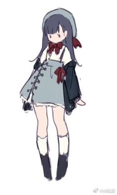 a drawing of a girl with long dark hair wearing a dress and holding a bag