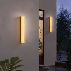 two lights on the side of a wall next to a potted plant and door