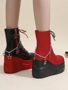 2024 Autumn and Spring New Punk Style Starry Sky Ankle Boots - Red and Punk Wedding, Floral Boots, Star Chain, Boot Print, Alt Fashion, Round Toe Heels, Mid Calf Boots, Wedge Boots, Womens Boots Ankle