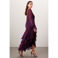 Purple floral chiffon (100% Polyester). Wrap. Long sleeves. V-neck. Tie closure. 58" from shoulder to hemline. Imported. V-neck Chiffon Dress For Fall Party, Chic Silk Chiffon V-neck Dress, Silk Chiffon V-neck Cocktail Dress, V-neck Silk Chiffon Cocktail Dress, Party Silk Chiffon V-neck Dress, V-neck Chiffon Dress With Ruffles For Cocktail, Purple V-neck Chiffon Dress For Spring, V-neck Chiffon Cocktail Dress With Ruffles, Cocktail Chiffon V-neck Dress With Ruffles