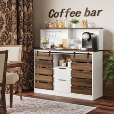 a coffee bar with wooden crates and drawers