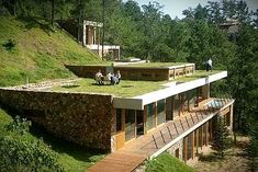 two people standing on the roof of a building with grass growing on it's roof