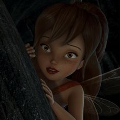 a cartoon fairy with big eyes and brown hair is looking up at the sky while holding on to a rock