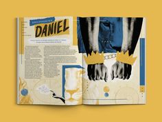 an open book with images of hands and crowns on it's pages that read daniel