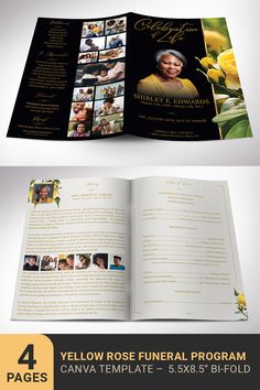 Funeral Program Template for Canva, Yellow Rose, Black & Gold, Celebration of Life, Obituary Templat Family Wishes, Background Gold, Rose Photo, Words Of Comfort