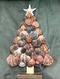 a christmas tree made out of seashells on a wooden stand