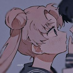 a drawing of a girl with pigtails on her head looking at another woman's face