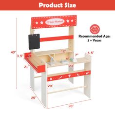 children's wooden desk and chair set with storage compartment, red / white - product size