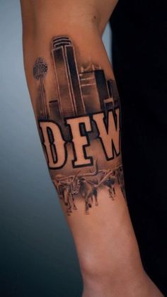 a man with a tattoo on his arm that says dew in front of a cityscape