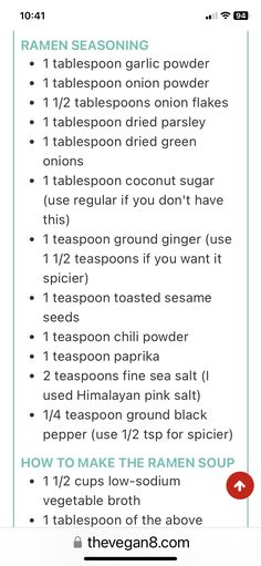 the recipe for ramen seasoning is shown in red and green text on a white background