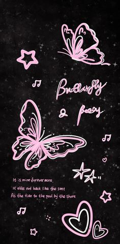 some pink butterflies and music notes on a black background with the words butterfly party written in white