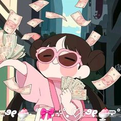 a cartoon character with sunglasses and money falling from the sky in front of her head