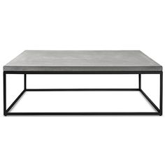 a square coffee table with black metal frame and concrete top, viewed from the front