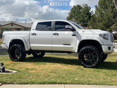 a white truck parked on top of a lush green field