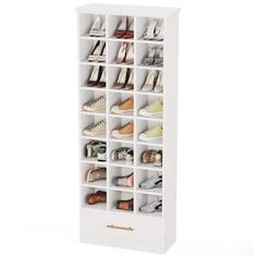 a white shoe rack filled with lots of shoes