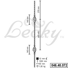 an image of a long metal pole with the measurements for each end and top section