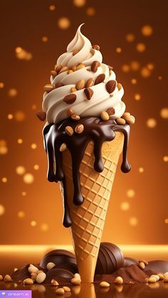 an ice cream sundae with chocolate and nuts on top, in front of a brown background