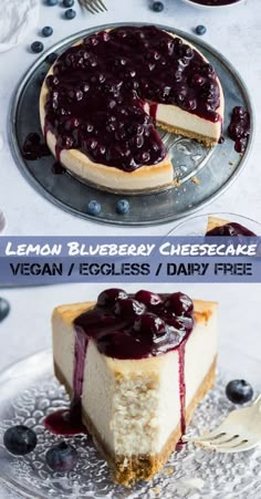 a cheesecake with blueberry sauce on top and a slice missing from the cake