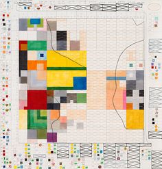 an abstract painting with many different colors and shapes on it, including lines, squares, and rectangles