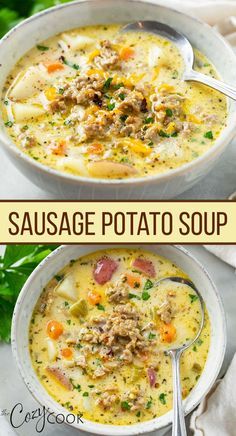 sausage potato soup in a white bowl with spoons