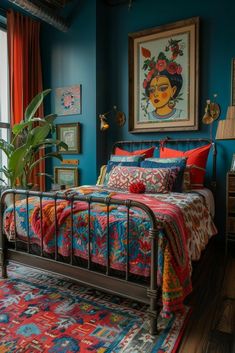 a bed room with a neatly made bed next to a large window and a painting on the wall