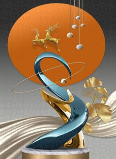 an artistic artwork with gold and blue colors