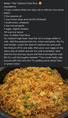 the recipe for fried rice in a skillet is shown with instructions to make it