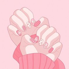 a woman's hand with pink and white nail polishes on her nails, in front of a pink background