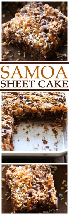 three pictures showing how to make the best chocolate and coconut sheet cake with text overlay